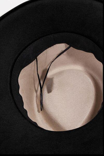 a black hat with a black ribbon around the brim