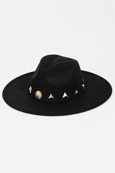 a black hat with gold studs on it