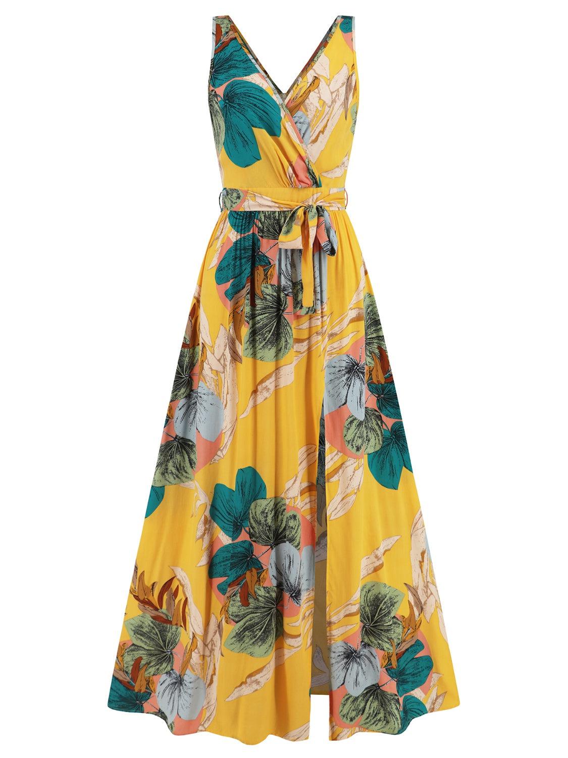 a yellow dress with a floral print on it