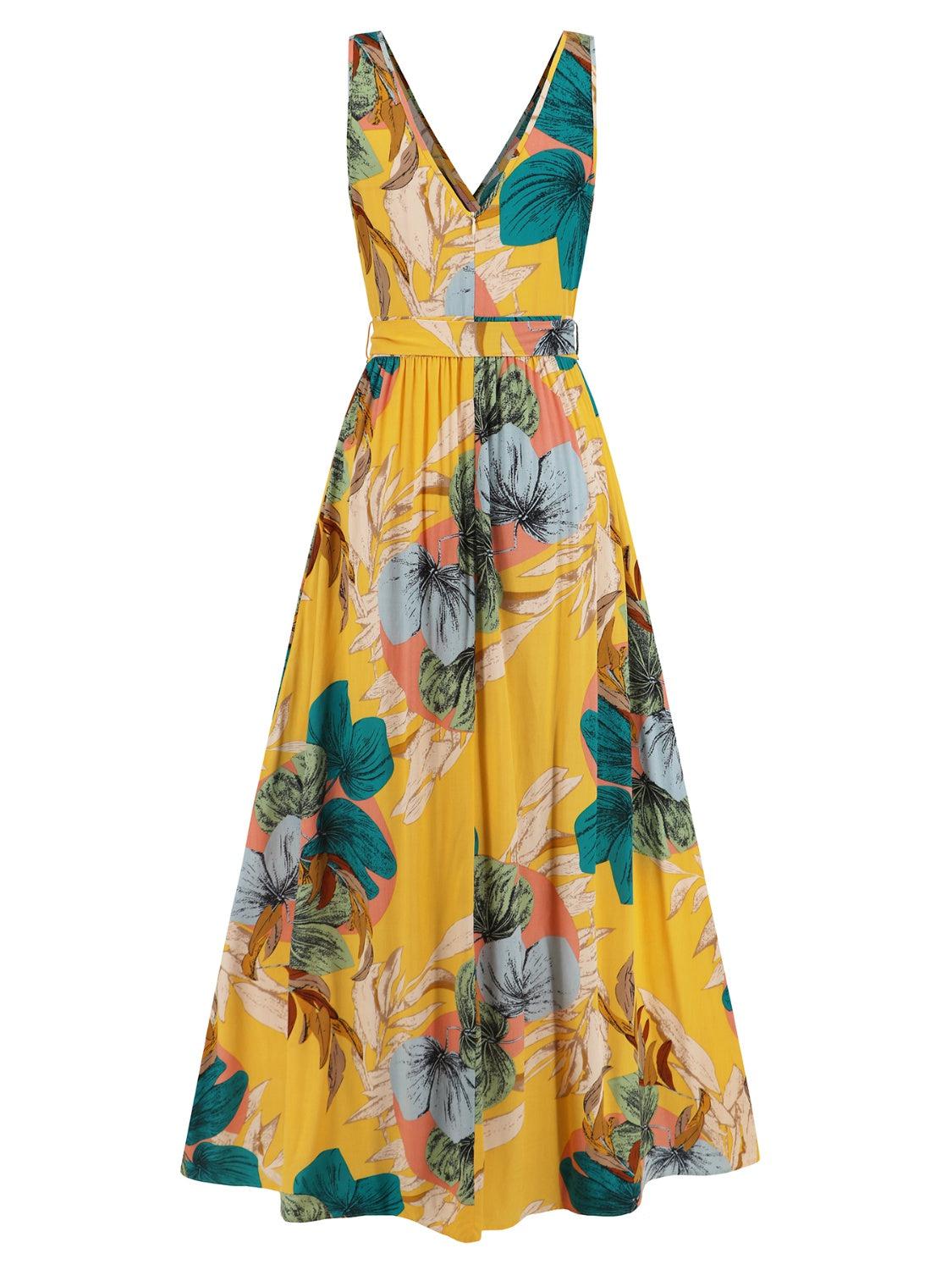 a yellow dress with a floral print on it