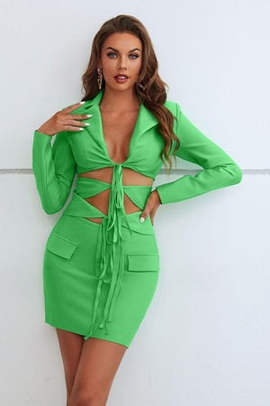 Stunning Cutout Green Blazer and Skirt Set - MXSTUDIO.COM