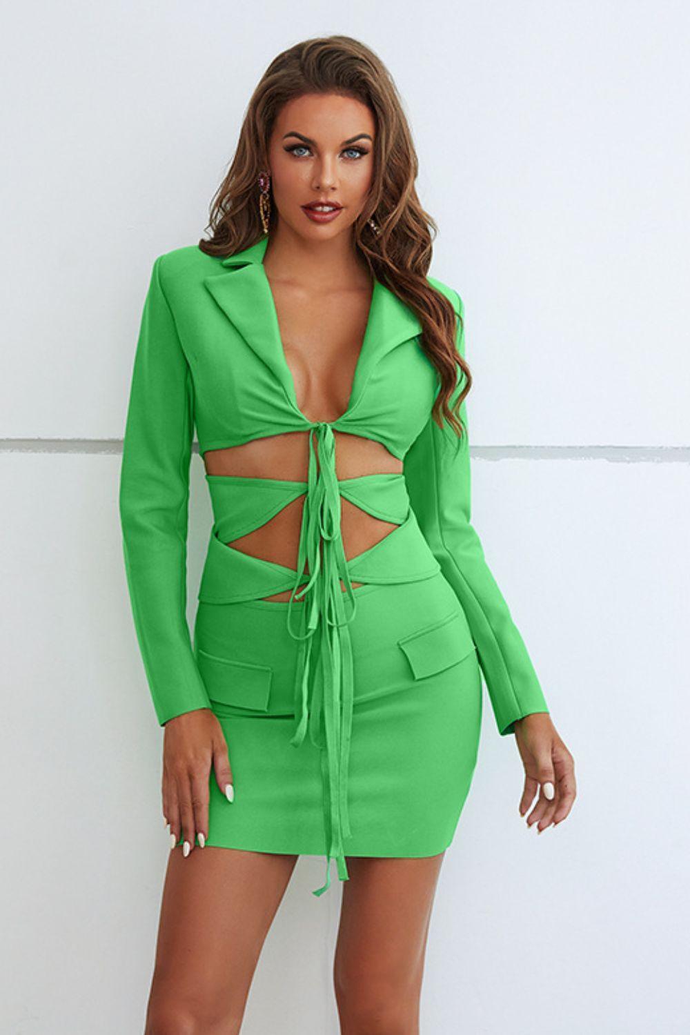 Stunning Cutout Green Blazer and Skirt Set - MXSTUDIO.COM