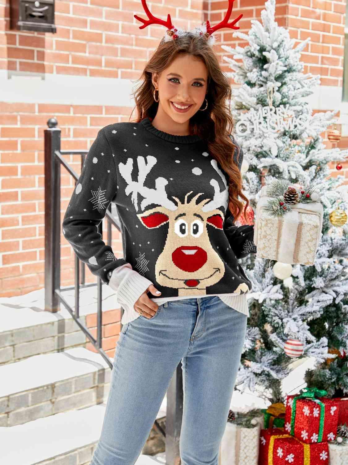 Stunning Round Neck Reindeer Christmas Sweater-MXSTUDIO.COM