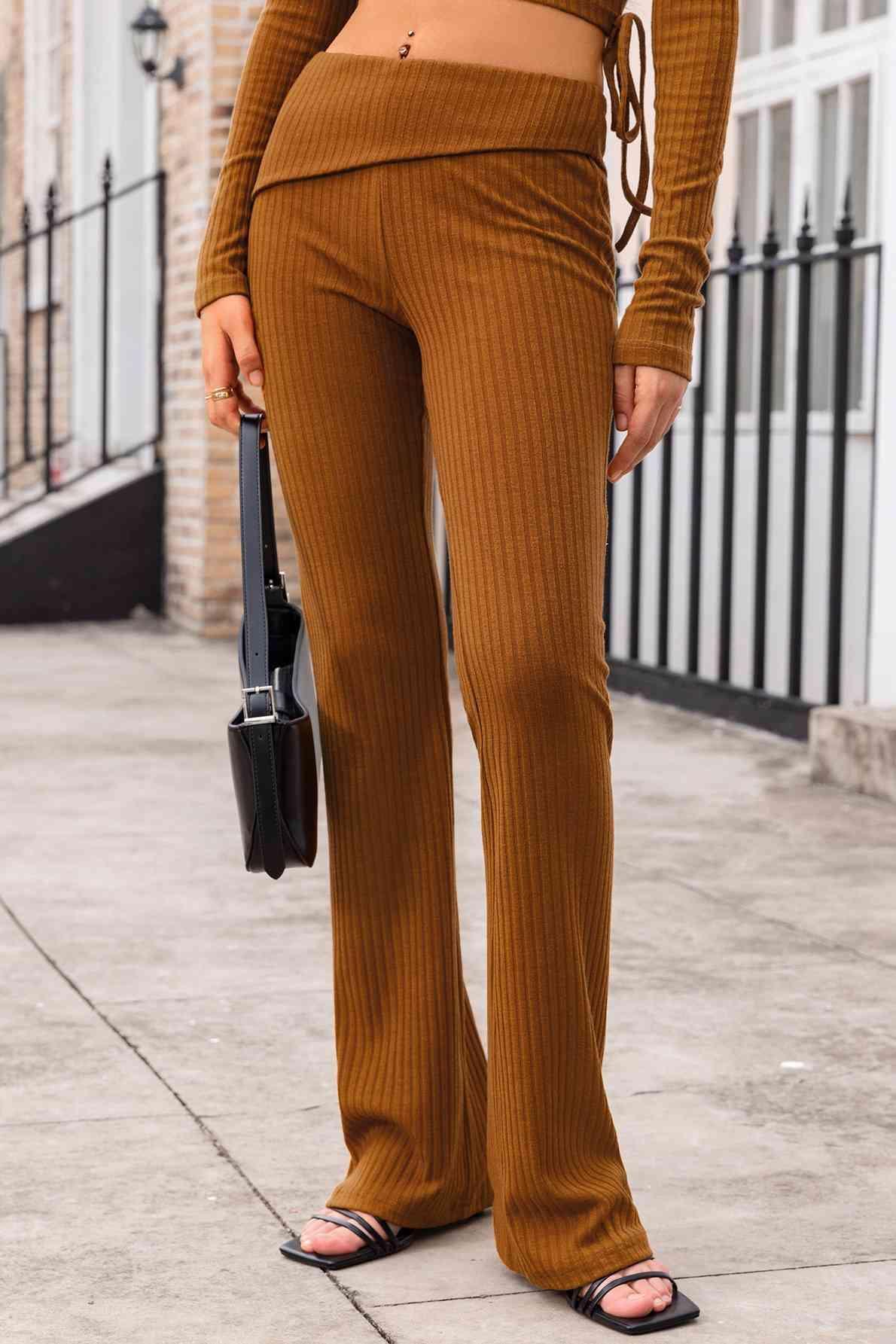 Style Emphasis Straight Leg Brown Ribbed Pants - MXSTUDIO.COM