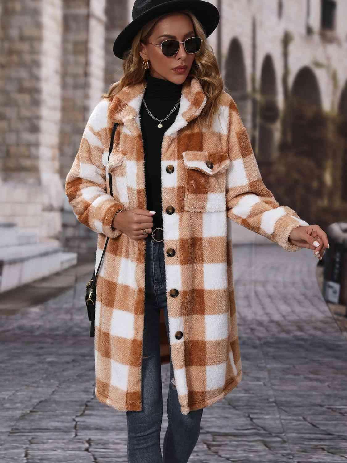 a woman wearing a brown and white checkered coat