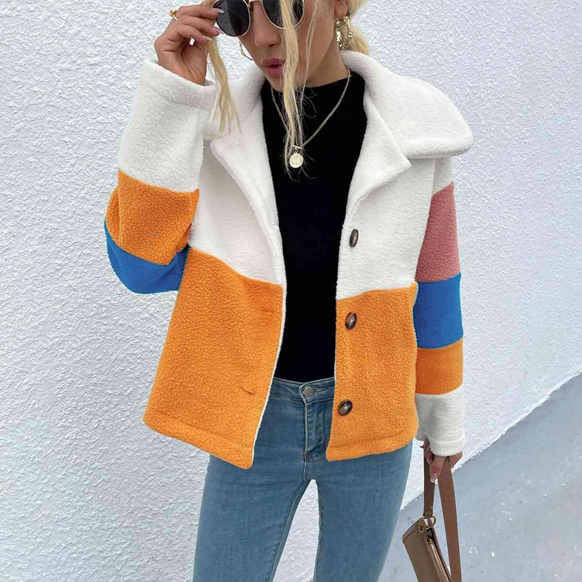 Stylishly Cozy Buttoned Color Block Fleece Jacket-MXSTUDIO.COM