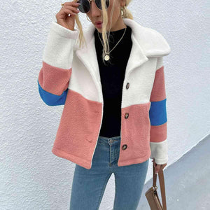 Stylishly Cozy Buttoned Color Block Fleece Jacket-MXSTUDIO.COM