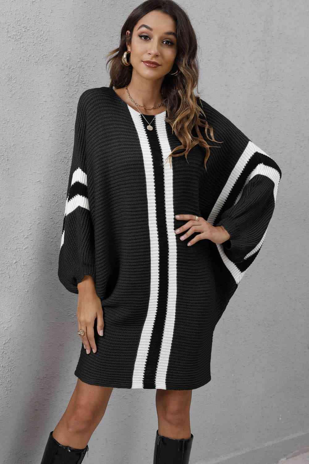 Stylishly Warm Rib Knit Dolman Sleeve Sweater Dress - MXSTUDIO.COM