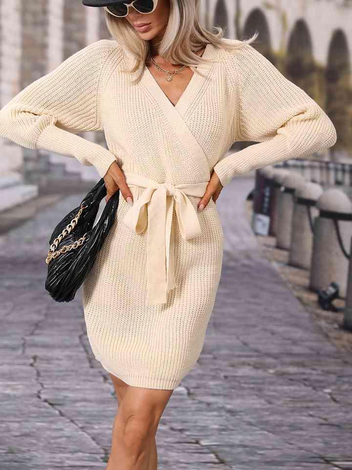 Stylishly Warm Surplice Neck Tie Waist Sweater Dress-MXSTUDIO.COM