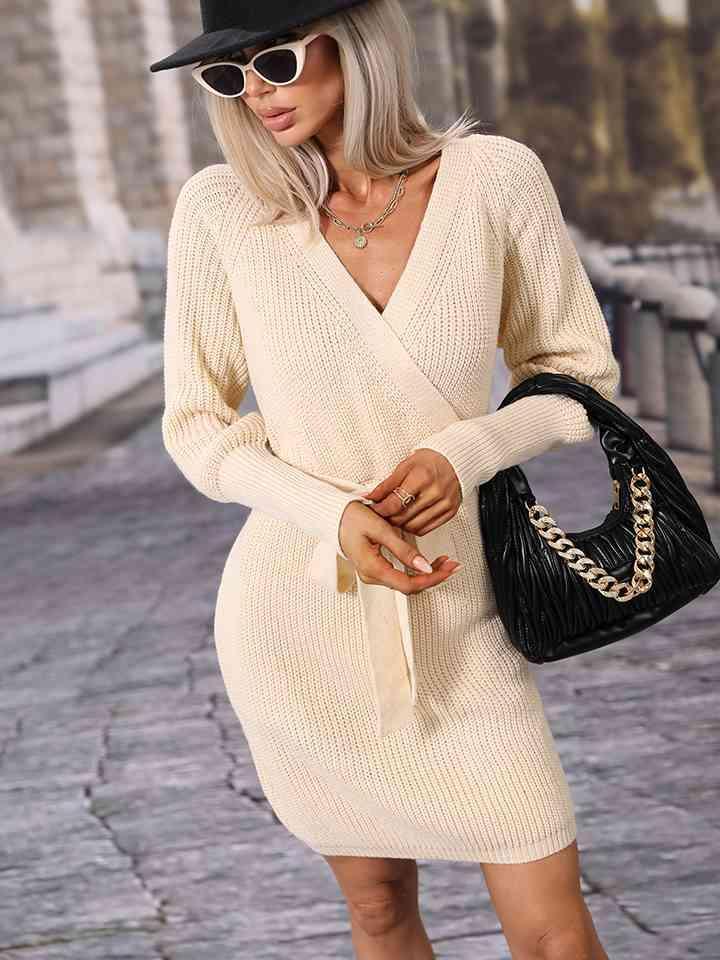 Stylishly Warm Surplice Neck Tie Waist Sweater Dress-MXSTUDIO.COM