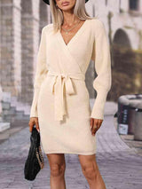 Stylishly Warm Surplice Neck Tie Waist Sweater Dress-MXSTUDIO.COM