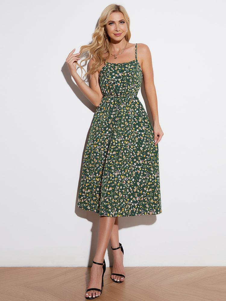 Sultry Summer Floral Sleeveless Green Midi Dress - MXSTUDIO.COM