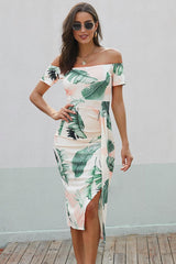 Summer Aesthetic Printed Off Shoulder Slit Dress - MXSTUDIO.COM