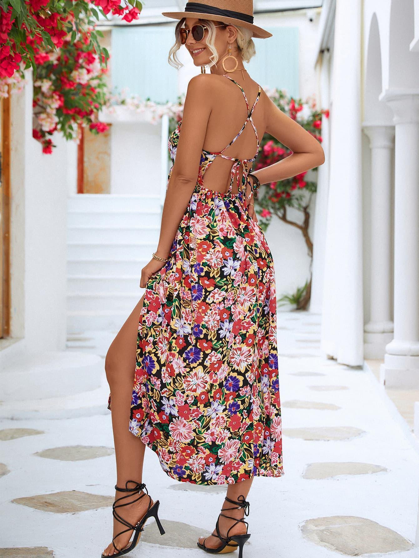 Summer Babe Floral Backless Split Dress - MXSTUDIO.COM