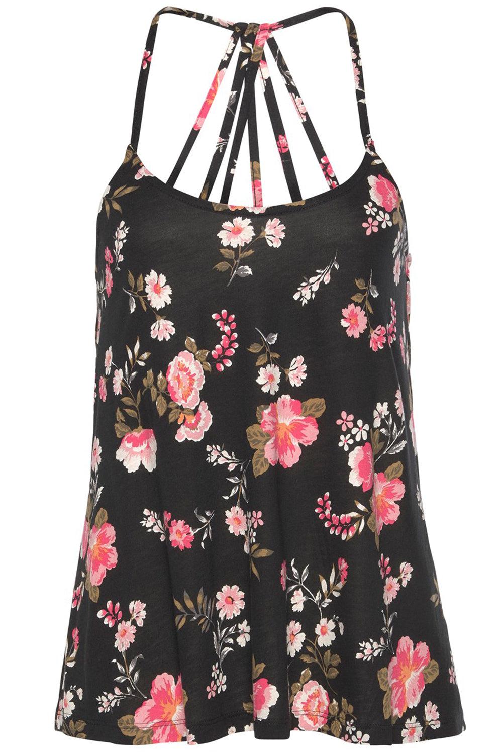 a black top with pink flowers on it