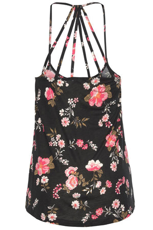 a black tank top with pink flowers on it