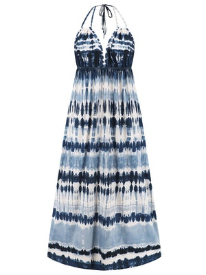 a blue and white dress on a hanger