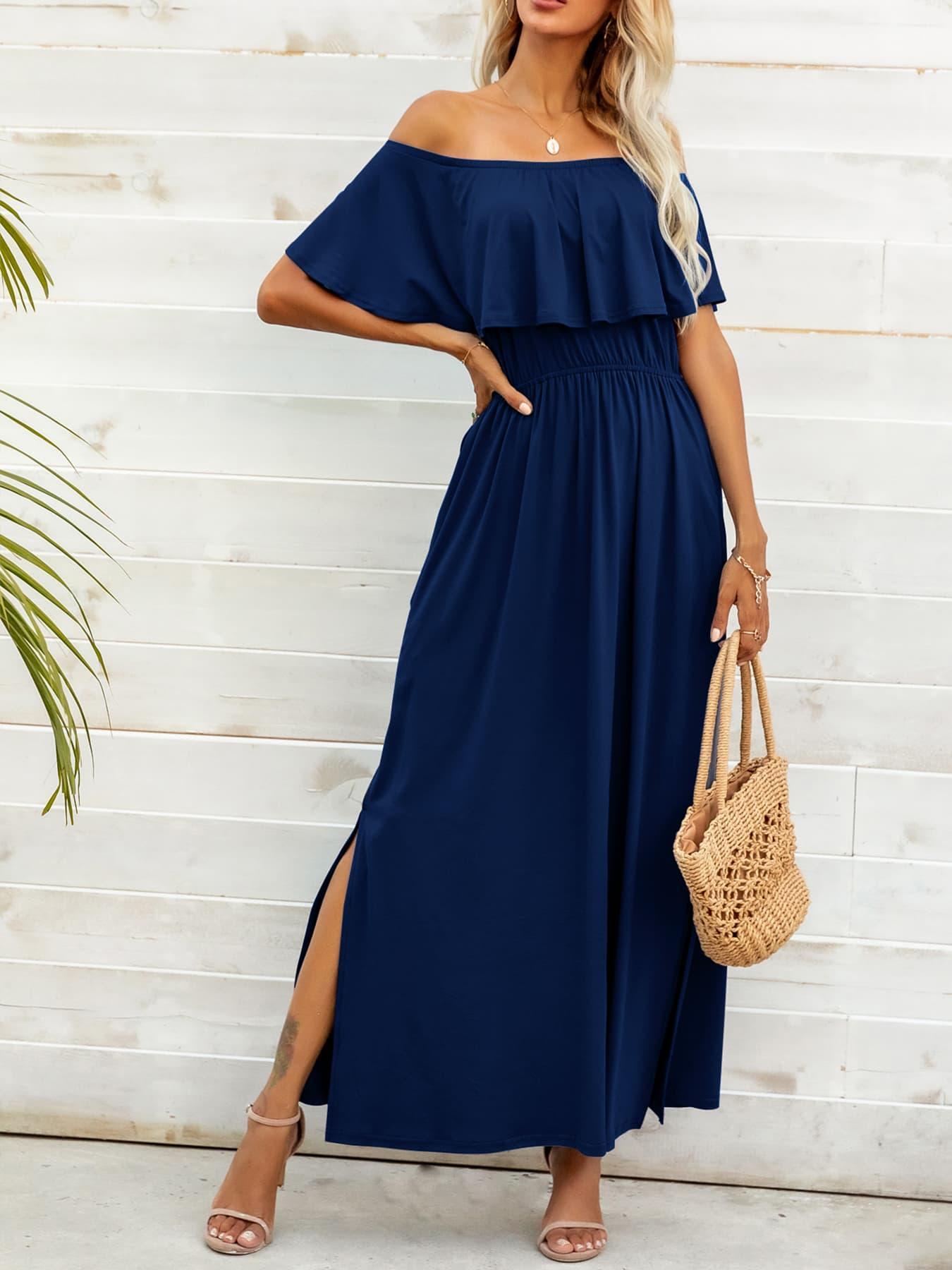 Summer Deluxe Slit A-Line Off Shoulder Maxi Dress - MXSTUDIO.COM