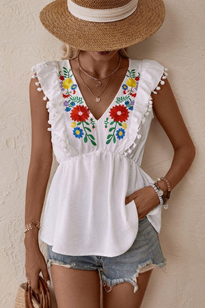 Summer Divine Plunge Floral Embroidered Top - MXSTUDIO.COM