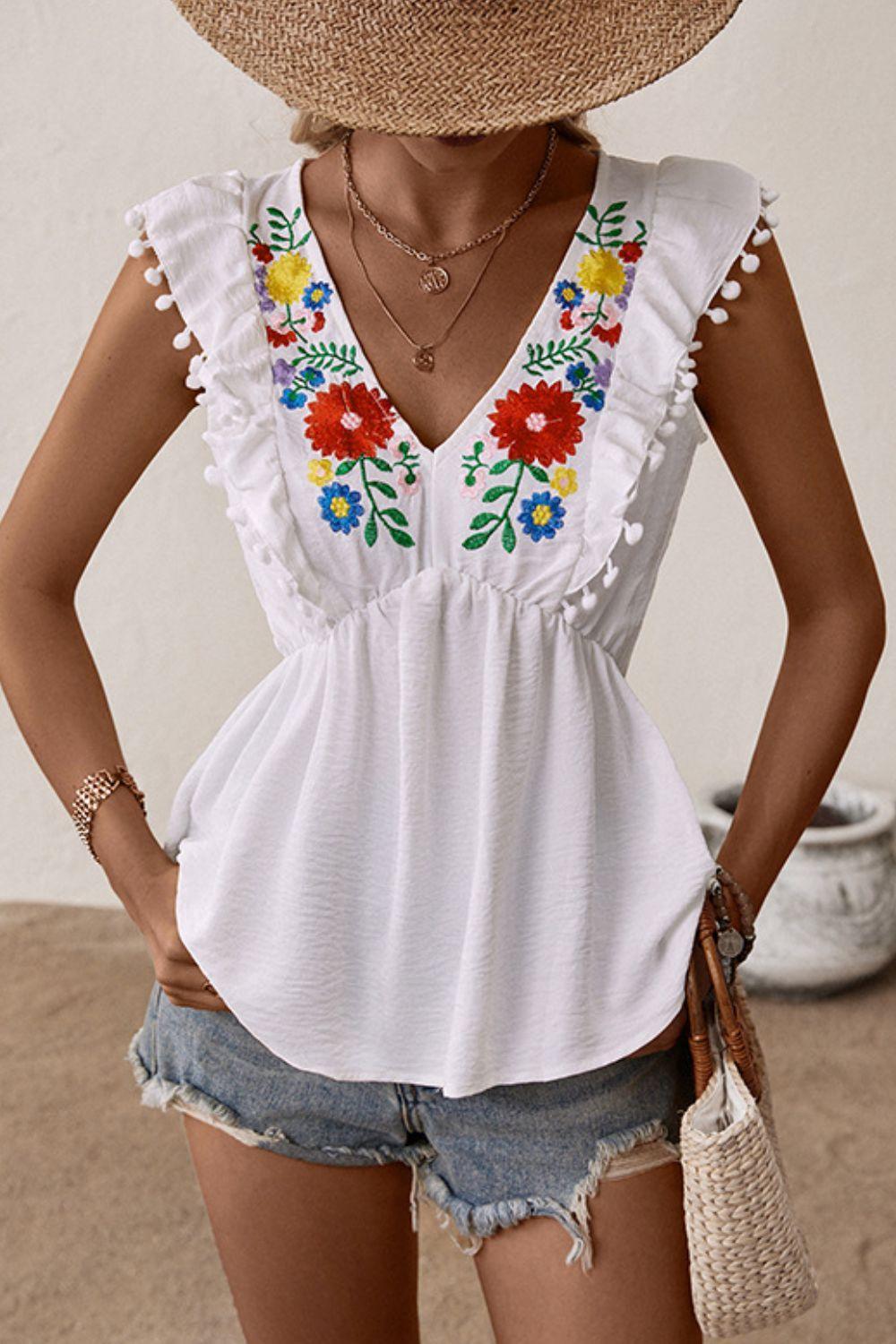 Summer Divine Plunge Floral Embroidered Top - MXSTUDIO.COM