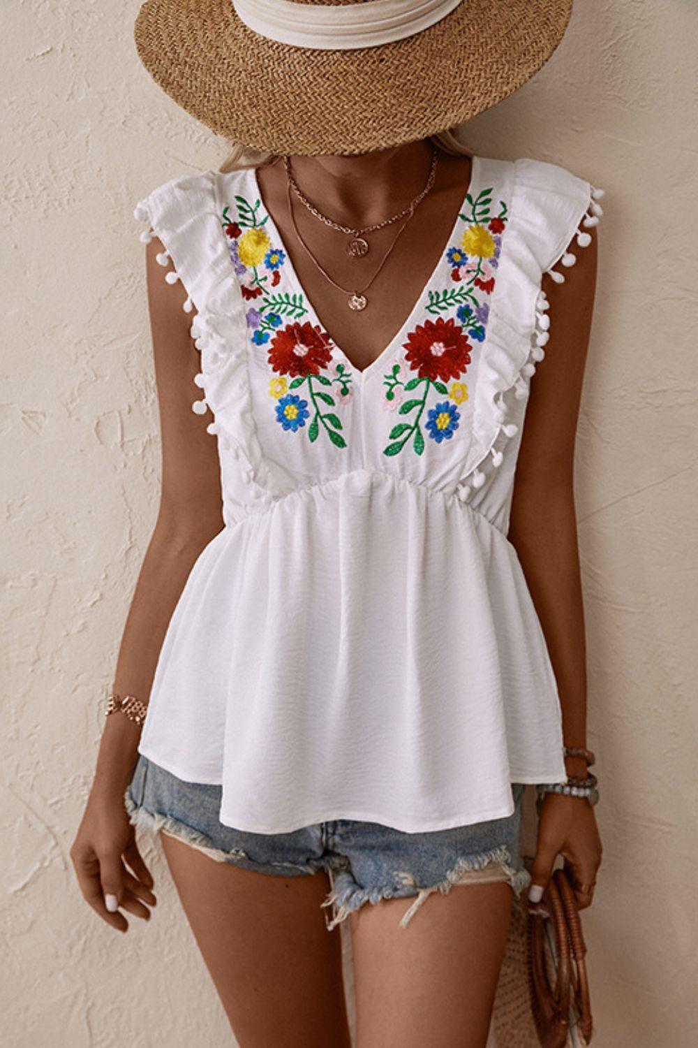 Summer Divine Plunge Floral Embroidered Top - MXSTUDIO.COM