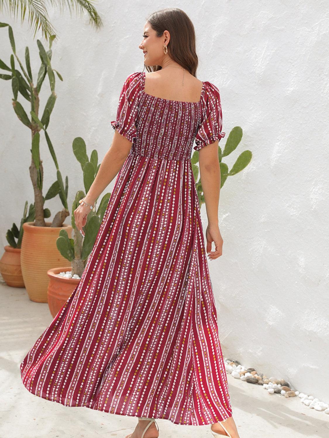 a woman in a red and white striped dress