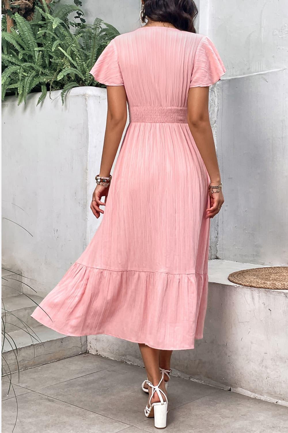 Summer Fab Surplice A-Line Pink Midi Dress - MXSTUDIO.COM