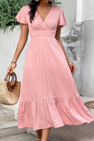 Summer Fab Surplice A-Line Pink Midi Dress - MXSTUDIO.COM