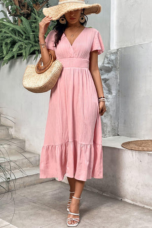 Summer Fab Surplice A-Line Pink Midi Dress - MXSTUDIO.COM