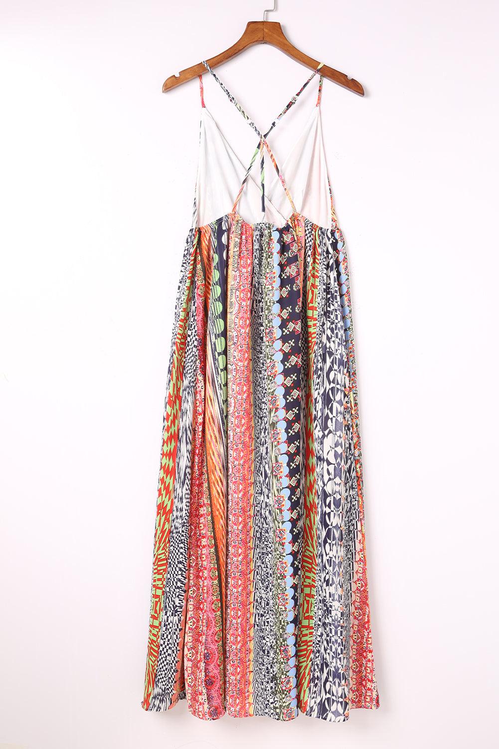 a multicolored dress hanging on a hanger