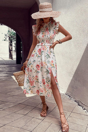 Summer Fresh Floral Slit Butterfly Sleeve Midi Dress - MXSTUDIO.COM