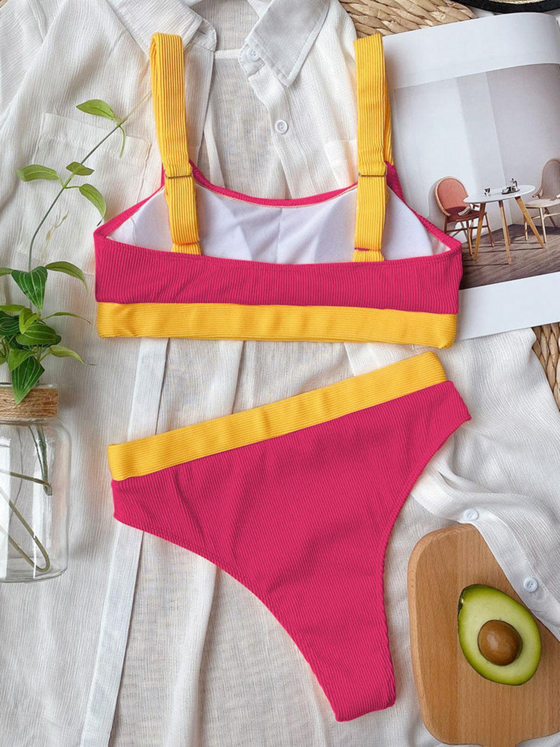 a pink and yellow bikinisuit with a white shirt and an avocado