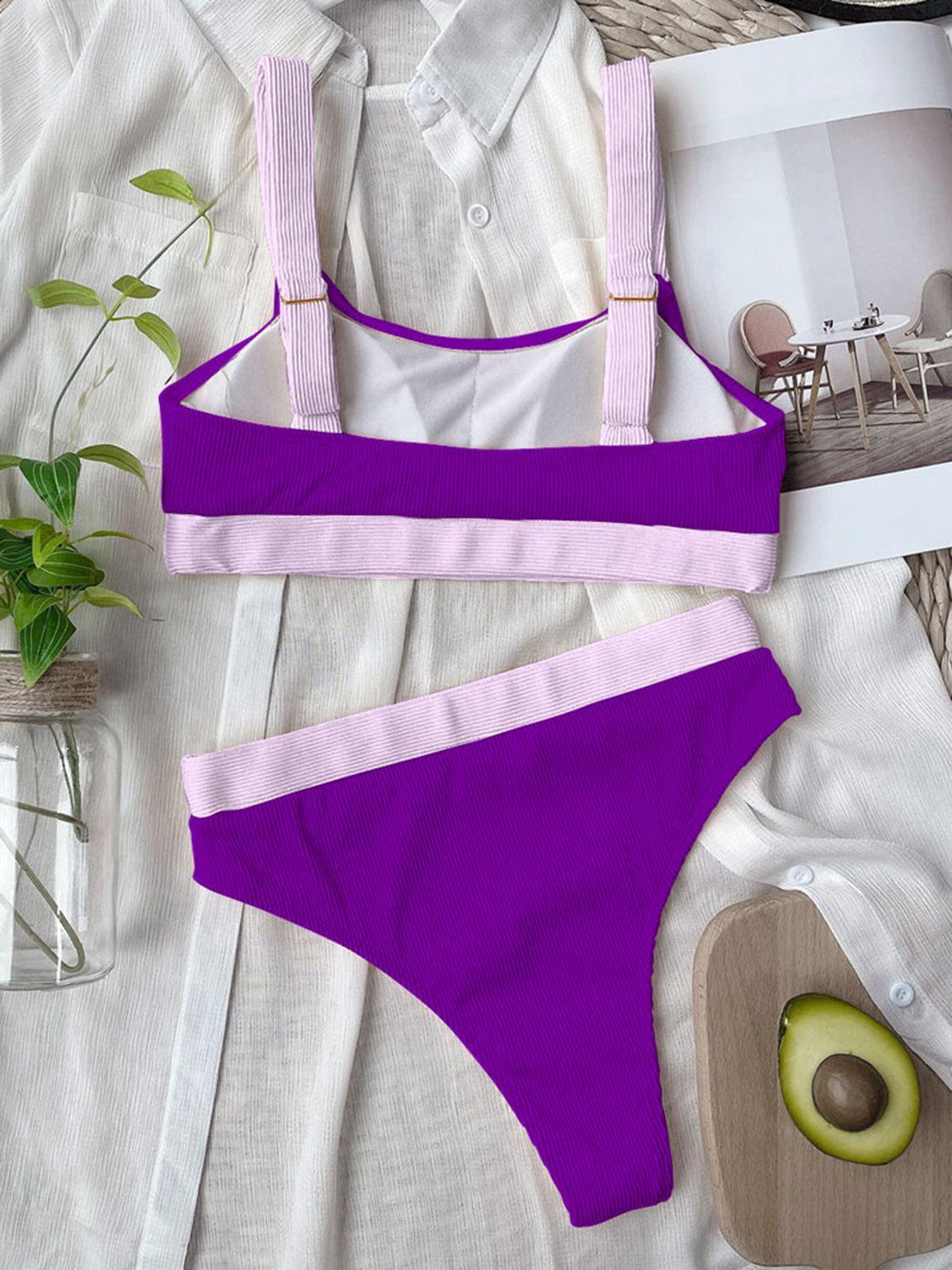 a woman's purple and white bikinisuit next to an avocado