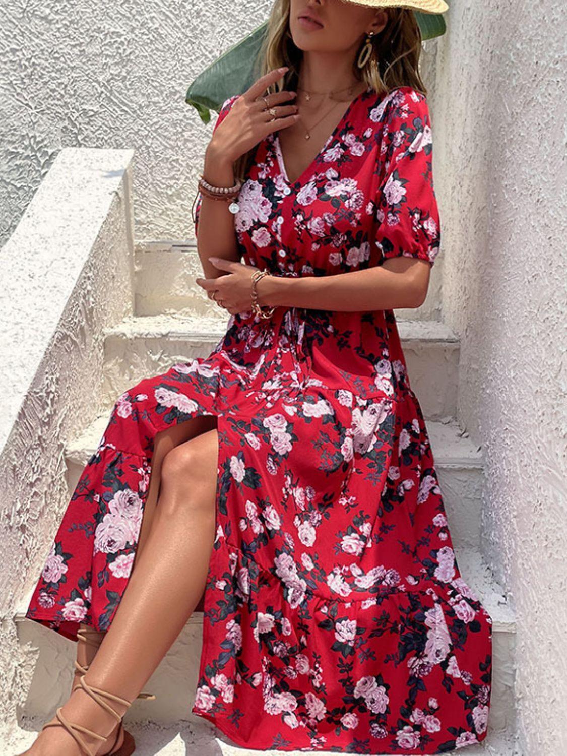 Summer Getaway Floral Split Midi Dress - MXSTUDIO.COM