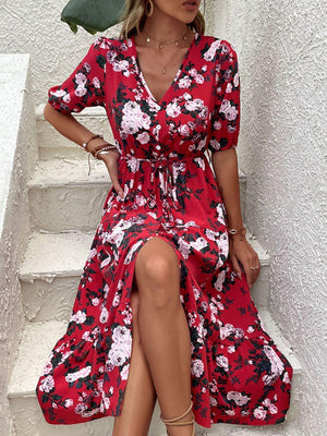 Summer Getaway Floral Split Midi Dress - MXSTUDIO.COM