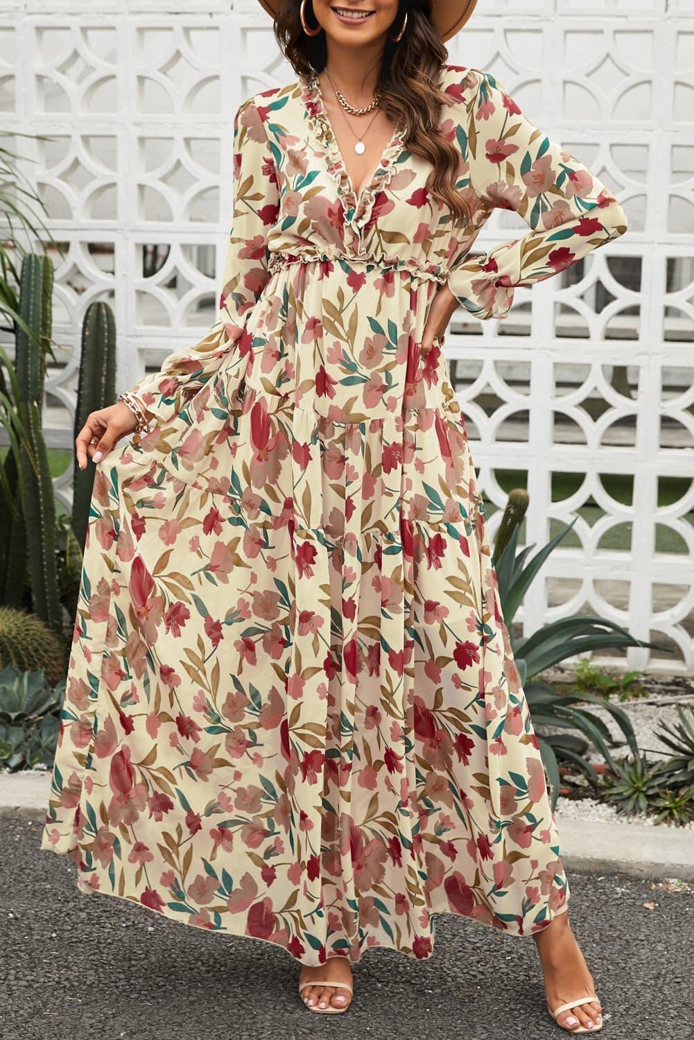 Summer Grandeur Floral Flounce Sleeve Maxi Dress - MXSTUDIO.COM