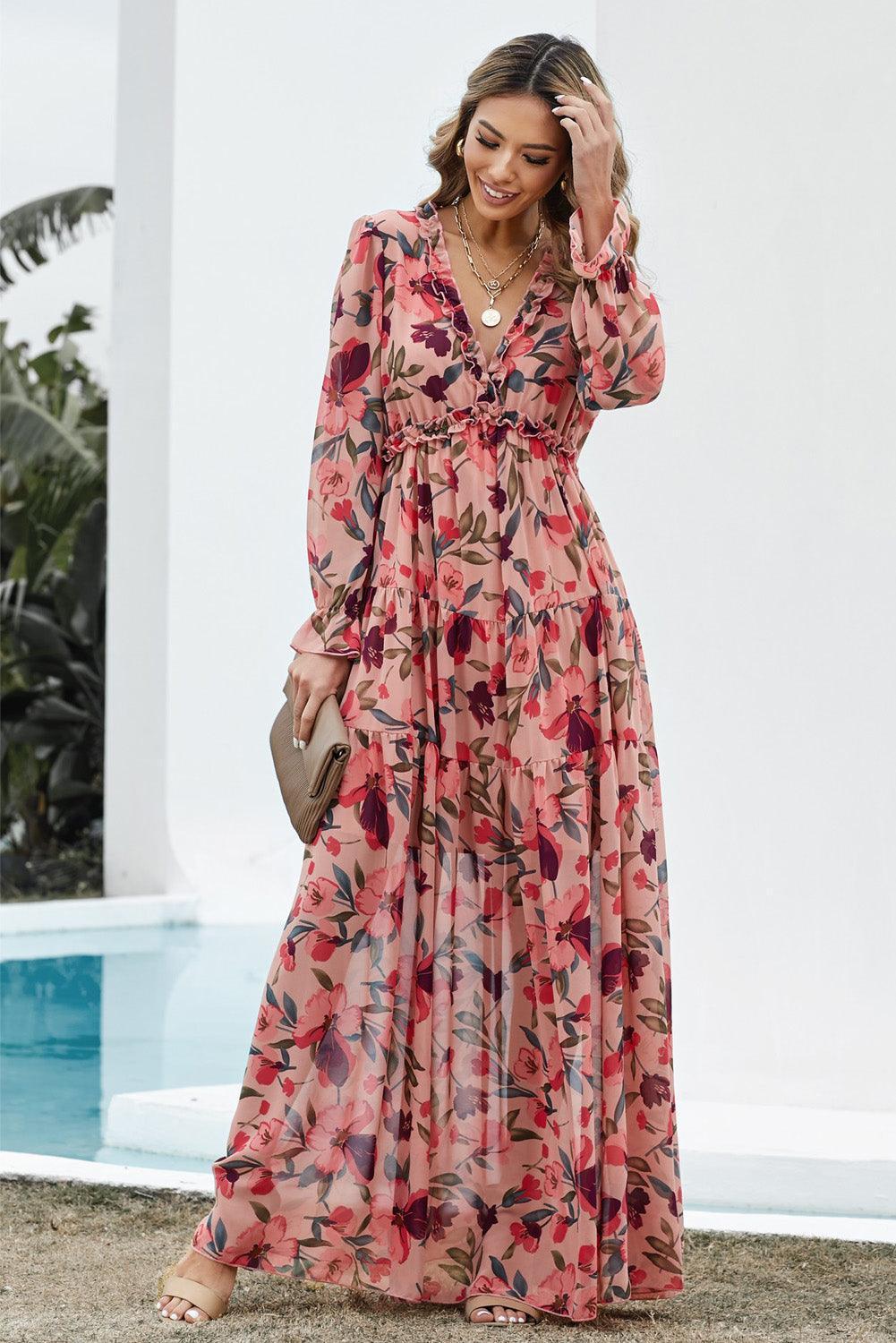 Summer Grandeur Floral Flounce Sleeve Maxi Dress - MXSTUDIO.COM