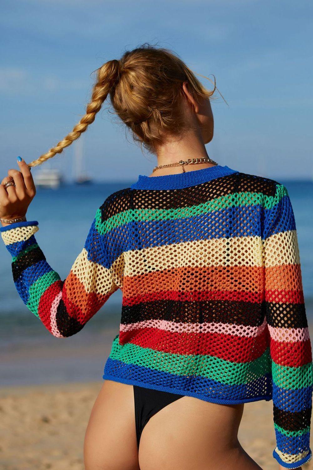 Summer Leisure Rainbow Openwork Striped Cover-Up - MXSTUDIO.COM