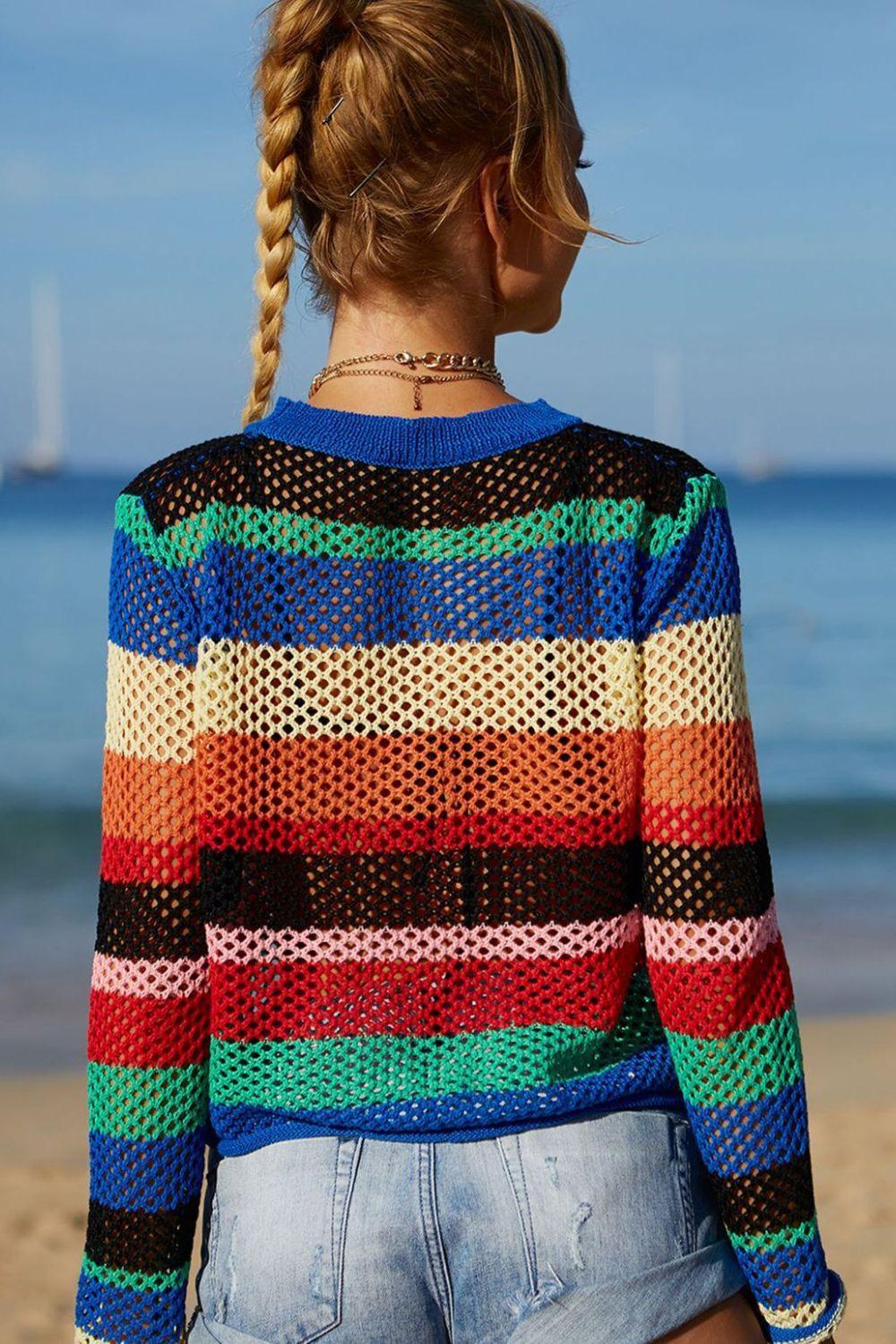 Summer Leisure Rainbow Openwork Striped Cover-Up - MXSTUDIO.COM