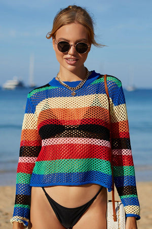 Summer Leisure Rainbow Openwork Striped Cover-Up - MXSTUDIO.COM