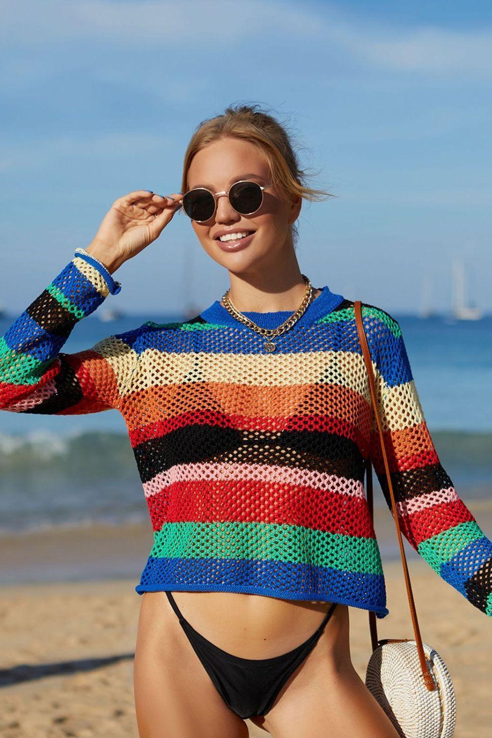 Summer Leisure Rainbow Openwork Striped Cover-Up - MXSTUDIO.COM