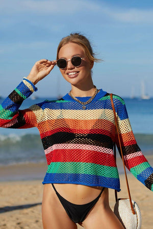 Summer Leisure Rainbow Openwork Striped Cover-Up - MXSTUDIO.COM