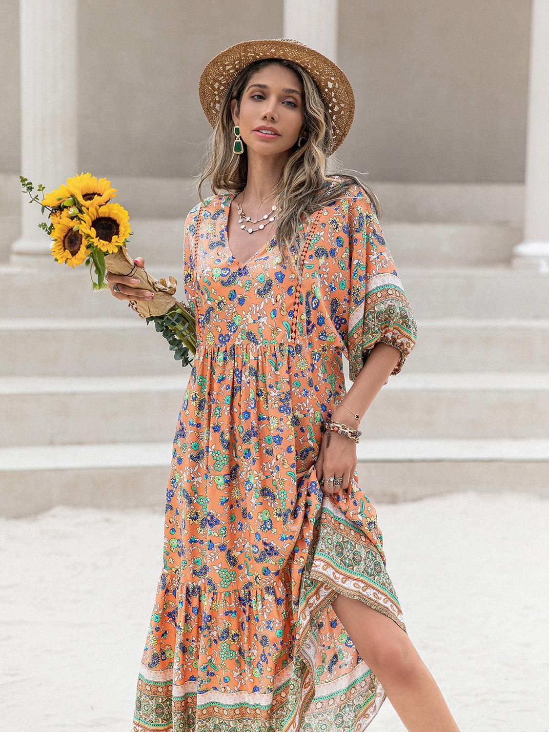 Summer Serenity Half Sleeve Floral Midi Dress - MXSTUDIO.COM