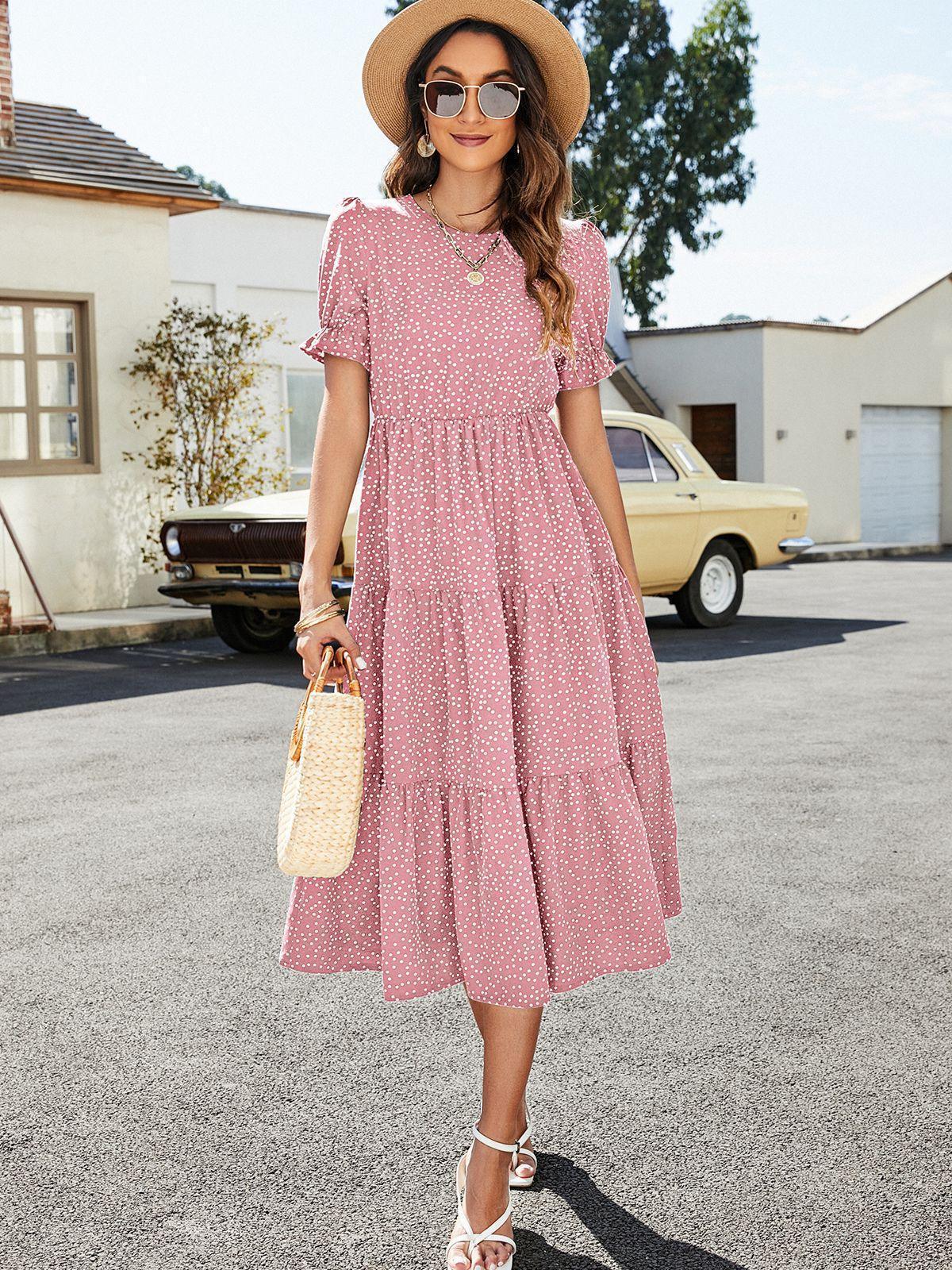 Summery Polka Dot Tiered Midi Dress - MXSTUDIO.COM