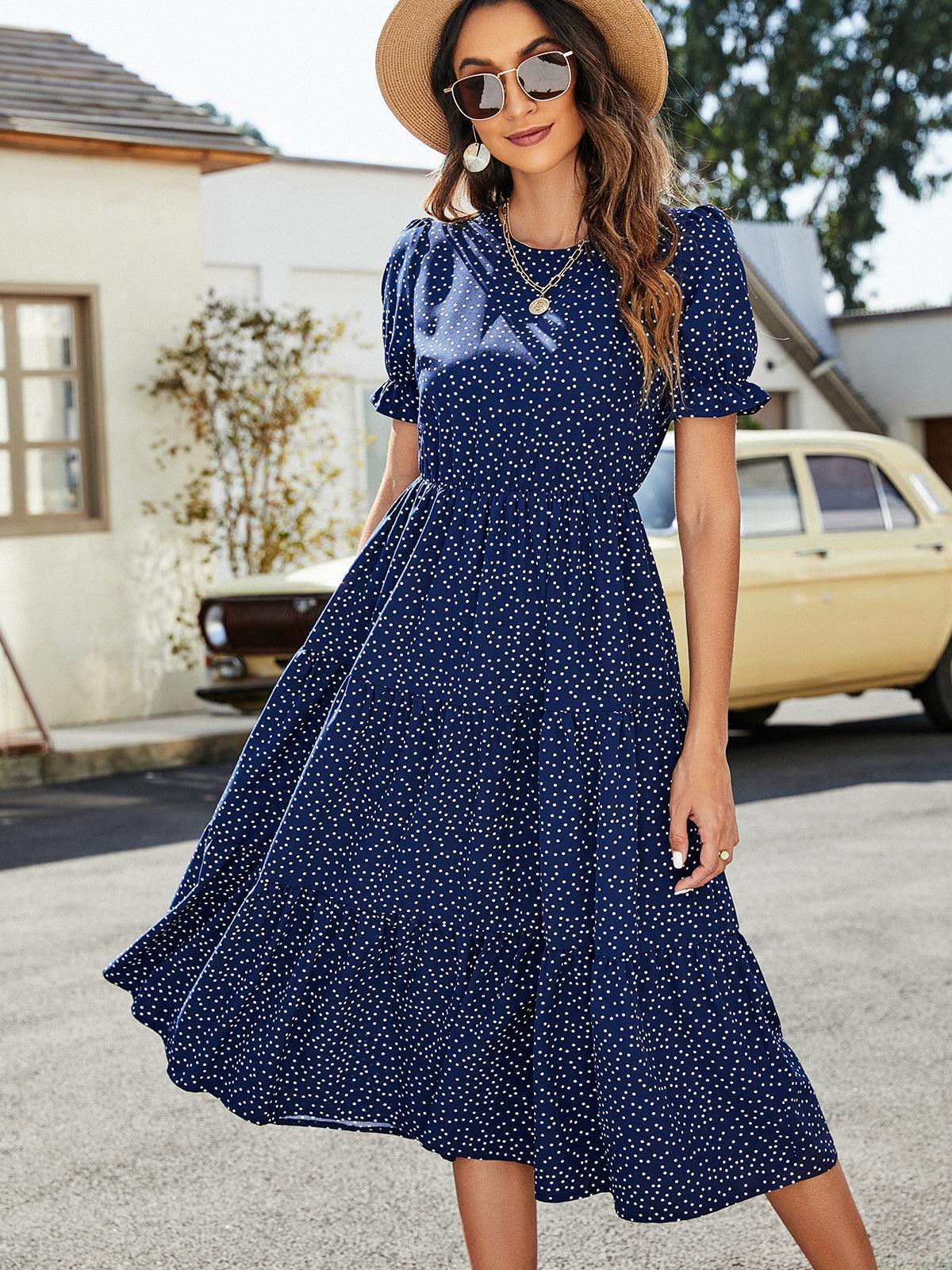 Summery Polka Dot Tiered Midi Dress - MXSTUDIO.COM