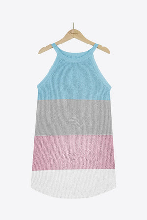 a blue and pink tank top hanging on a hanger