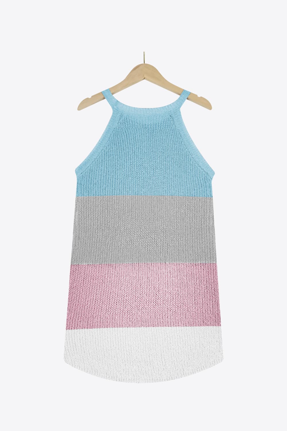 a blue and pink tank top on a hanger