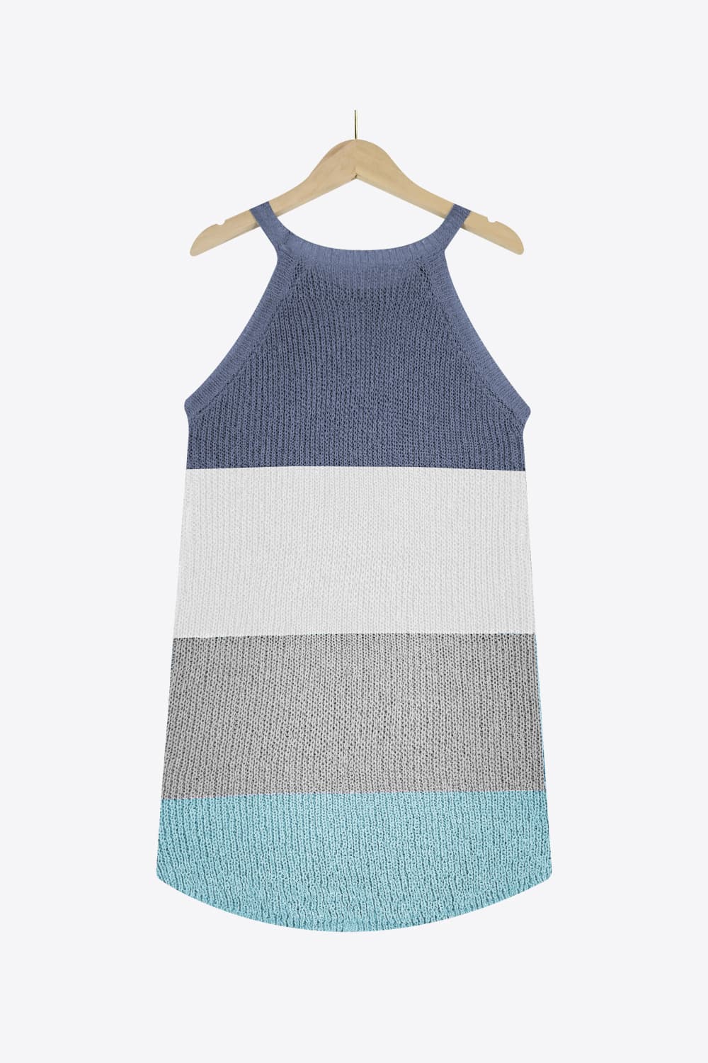a blue and white tank top hanging on a hanger