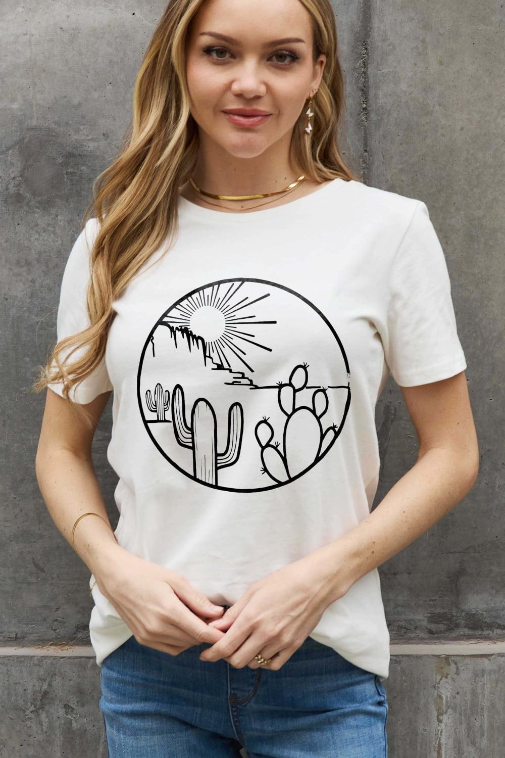 Sun And Cactus Graphic Plus Size Desert T Shirt - MXSTUDIO.COM