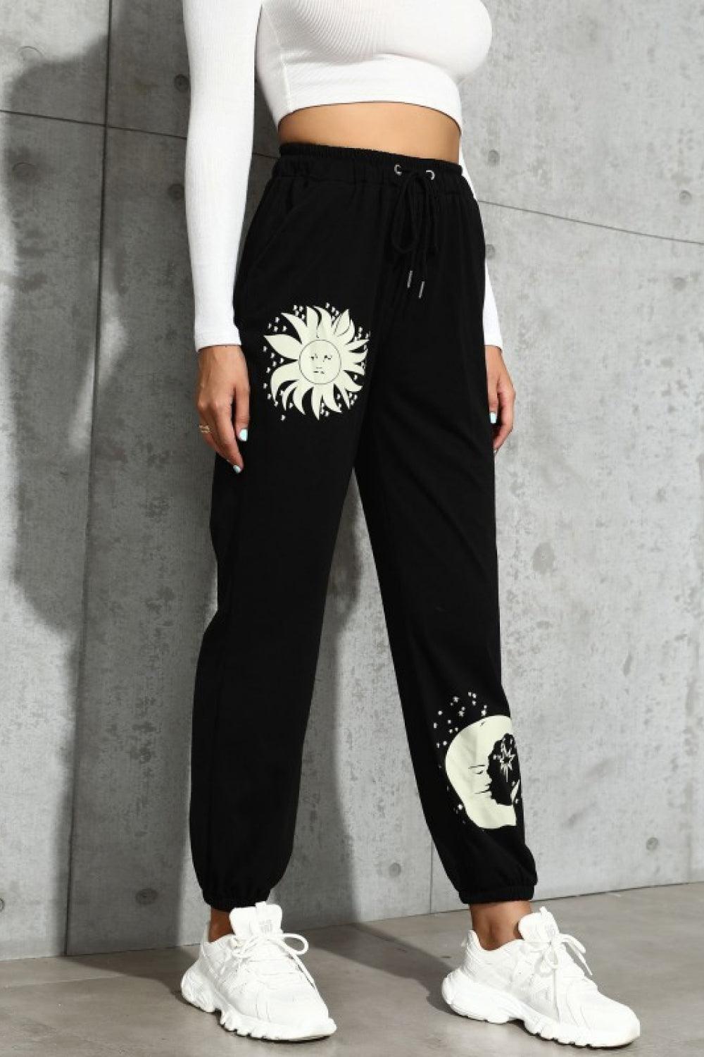 Sun and Moon Graphic Black Joggers - MXSTUDIO.COM